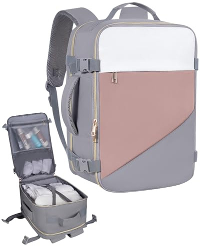 NatuFuse Ryanair Handgepäck 40x20x25 Reiserucksack Laptop Rucksack mit 16 Zoll Laptop Backpack für Damen Herren Grau-Weiß-Rosa