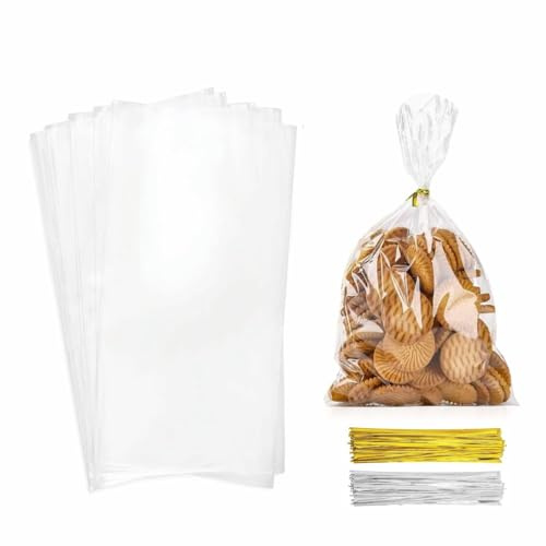 Cello Bags Resealable Transparent Flat Cellophane Treat Bag with Ties Cookies Bakery Candy Fruits Reusable Sweet Party Plastic Gift Bags Nuts Chocolates Popcorn Snacks 25cmx15cm (20Pcs)