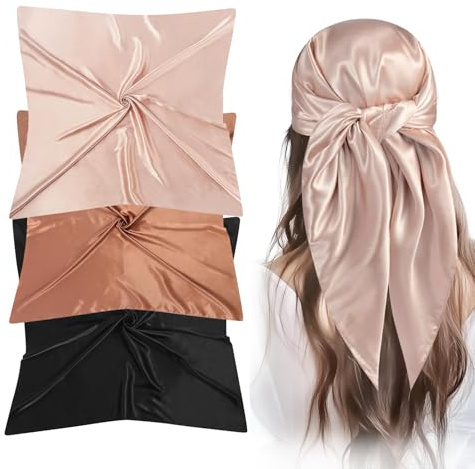 SHOFUL 3er Set große Seidenschals 70 x 70 cm quadratisch Satin Kopftuch Haartuch Halstuch für Damen in Braun Kamel Schwarz