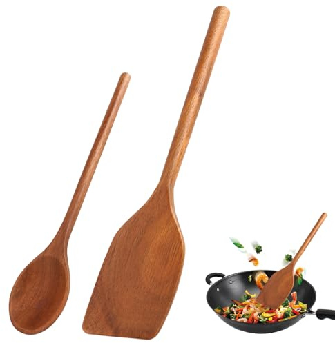 2 Pièces Cuillère en Bois de Cuisine, 30cm Spatule Cuisine Bois, Antiadhésive Cuillère en pour Cuisiner, pour Les Woks et Les Poêles, Spatules Résistants à la Chaleur, pour Mélanger, Servir, Remuer