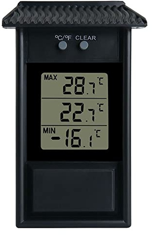FACAIIO Digitales Max Min Thermometer für Gewächshaus Garten Innen Außen -1% bis 50°C, IP45 Wasserdicht, Wandmontage mit Hakenloch, LCD Display