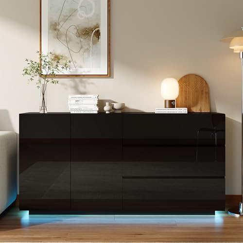 FOERPL Esszimmerschrank in Schwarz mit LED, moderner Esszimmerschrank mit 2 Türen und 3 Schubladen, niedriger Schrank, Aufbewahrungsmöbel, niedrige Kommode mit Schublade für Küche, Flur, Wohnzimmer