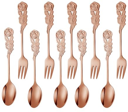 (10 Stück) Exquisite Rose Griff Edelstahl Obst Löffel Gabel Dessert Kuchen Rührlöffel Gabel Vogelnest Löffel Kaffeelöffel