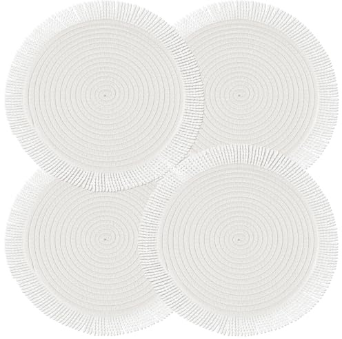 fanquare 30cm Runde Beige Boho-Platzsets Geflochten mit Fransen 4 Stück | Tischsets Abwaschbar Abriebfeste Hitzebeständig Platzdeckchen für Tisch Küche Essen