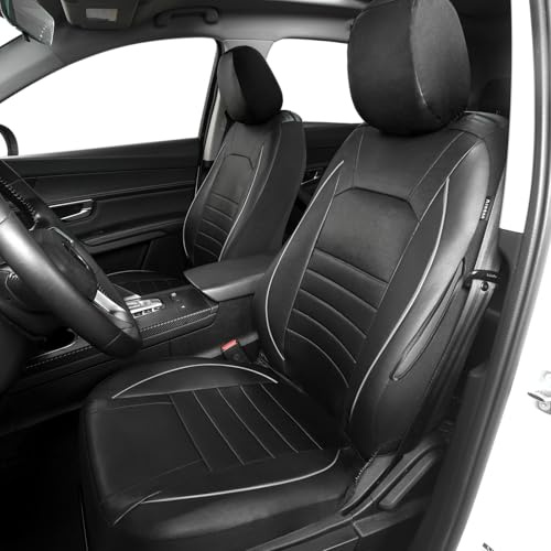 AUTOYOUTH Universal Front Car Seat Covers, Waterproof PU Leather, Grey/Black, Airbag Compatible, Pair, for SUV, Van, Saloon