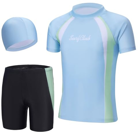 InfiniZer 3 Pcs Boys Swimming Costume, UPF 50+ Kids Swim Trunks & Short Sleeve Rash Guard Shirt Set, Summer Bathing Suit Swimwear for 2-12