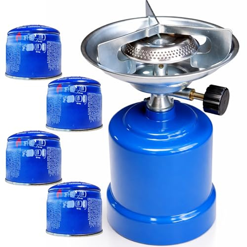 Hornillo de Gas Portátil con 4 Cartuchos de Butano 190 g, 1100 W, Cocina de Camping Compacta con Regulador de Llama, Quemador de Gas para Camping, Pesca, Picnic y Uso Exterior.