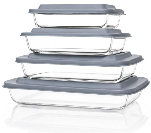 4 Pack Large Glass Casserole Dishes for Oven, Borosilicate Baking Dishes with Lids, Rectangular Glass Roasting Pan Sets for Lasagne Meal Prep, Freezer & Microwave Safe (1L + 1.6L + 2.2L + 3L)