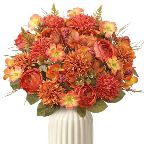 DEMIUKO Ramo de peonías artificiales naranjas, flores mixtas, hortensias sintéticas, ramo de flores de seda, pompones, crisantemo, arreglo floral para el hogar, otoño, boda, decoración de fiesta, 4