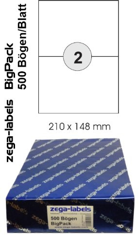 1.000 Etiketten 210 x 148 mm selbstklebend auf DIN A4 Bögen (1x2 Etiketten DIN A5) - 500 Blatt Bigpack - Universell für Laser/Inkjet/Kopierer einsetzbar