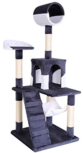 lionto Kratzbaum mit Höhle, Hängematte & Tunnel, Höhe 133 cm, Grau/Weiß | Großer Katzenbaum mit Treppe, Liegeflächen, Kuschelhöhle & viel Sisal - Klettern, Spielen, Ausruhen & Krallenpflege