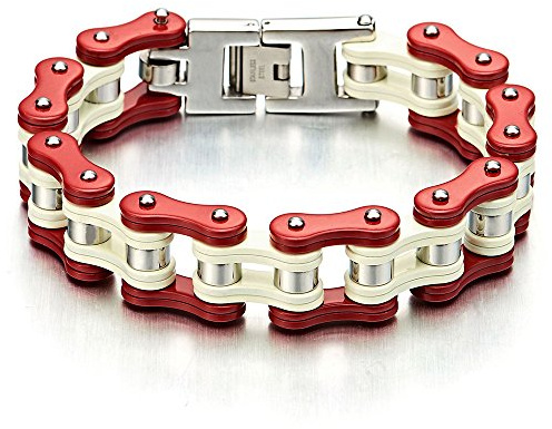 COOLSTEELANDBEYOND Mens Motorcycle Bike Chain Bracelet of Stainless Steel White Red Two-Tone Polished