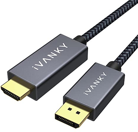 IVANKY Câble DisplayPort vers HDMI 2m en Nylon Tressé - Connecteurs Plaqués Or 24K - Câble DP vers HDMI (Audio&Vidéo) pour Ordinateur de Bureau, AMD, NVIDIA, HP Elitebook, ThinkPad et Autres - Gris