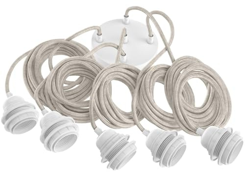 Hoopzi Hang Suspension Luminaire 5 Ampoules Câble en Lin 3,5m | Douille E27, Pavillon en Acier, Compatible DCL, Chambre, Salon, Cuisine, Couleur Lin Naturel