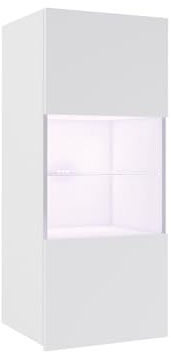 Mirjan24 Hängevitrine Calabrini BR05 (Weiß Hochglanz, Blauer LED) | Moderne grifflose Wandvitrine mit gehärtetem Glas und Ablagefächern für das Wohnzimmer
