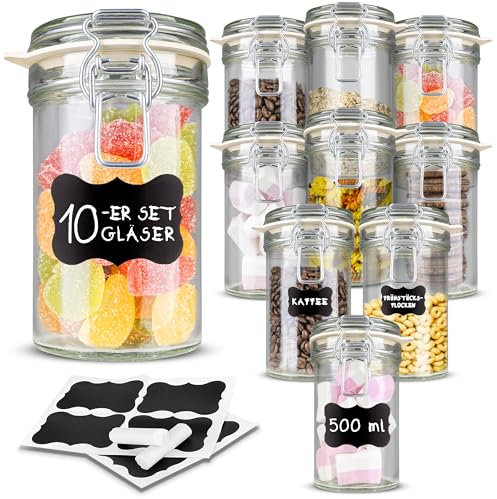 Creative Home 10 x Einmachgläser mit Bügelverschluss | 500ml x 10 Teilig | Vorratsgläser mit Deckel und Gummiring | Drahtbügelgläser Bügelgläser | 12 Wiederverwendbare Aufkleber + 1 Anti-Staub-Kreide