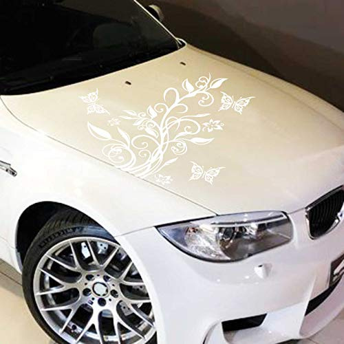 JINTORA - Autocollant Voiture Vrille Floral+ 3 Papillons 92cm x 60cm Blanc - Sticker Auto résistant intempéries en Vinyle - Facile à Coller sur carrosserie vitre Pare-Chocs Accessoire déco véhicule