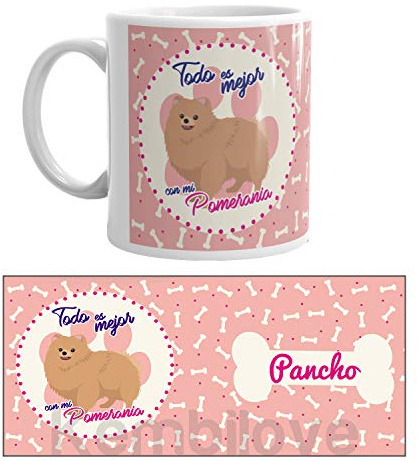 Kembilove Taza de Café de Perro Pomerania Personalizada con nombre – Taza de Desayuno Razas de Perro – Taza de Café y Té Mascota – Taza de Cerámica Impresa – Tazas de perro de Pomerania