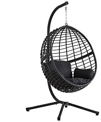 Concept-Usine | Sillón Colgante Negro de ratán Natural | Diseño Auroa | Estructura de Acero | Cojín desenfundable | Revestimiento en Polvo | Hamaca Columpio en pie terraza Jardín