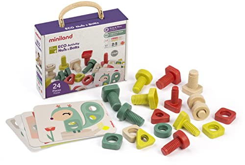 Miniland Juego de Tornillos y Tuercas con Actividades, Fichas Interactivas, Fabricado en España con Materiales Sostenibles, para niños de 2 a 5 años | Eco Activity Nuts & Bolts