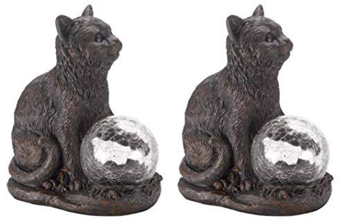 Garden Mile Set mit zwei Katzen-Gartenornamenten, solarbetriebene Ornamente, Katzenstatue mit mehrfarbigen LED-Lichtern, wetterfest, Gartenstatuen, Outdoor, langlebige Tierlichter für Terrasse