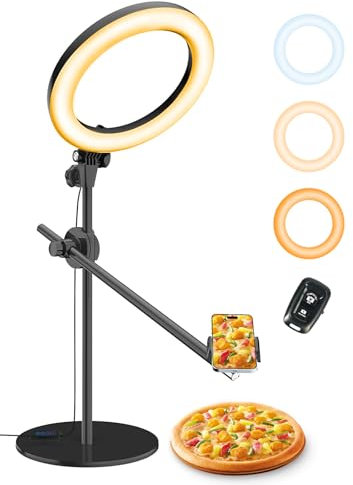 LUXSURE Overhead Stativ Handy mit Ringlicht, Handy Tischstativ mit Ringlicht, 10,5 Zoll Ring Licht mit Verstellbar Arm und Handyhalterung für Inhaltserstellung/Videoaufnahmen/Kochen/Makeup/Zeichnen
