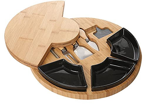 AIZYR Set De Regalo De Tabla para Cortar Queso - Juego De Cubiertos Giratorio De Tablero De Charcutería De Bambú Fuente De Queso para Servir para Cumpleaños Y Regalos De Boda