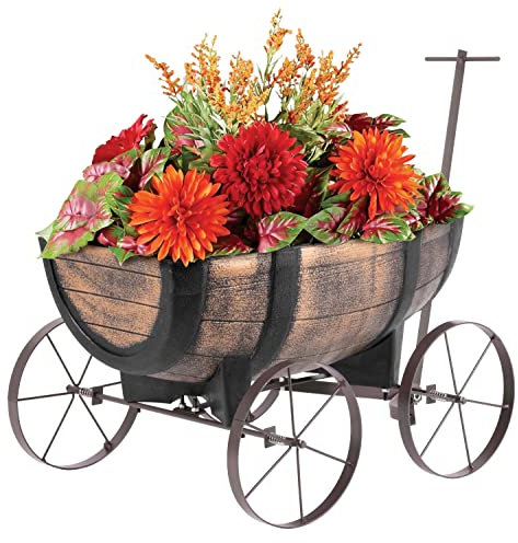 STREND PRO Blumenwagen Whiskyfass – Pflanzgefäß auf Rollen, nostalgisches Design in realistischer Holzimitation, fahrbar, für den Innen- und Außenbereich, Pflanzflächenmaße 41 x 29 x 19 cm