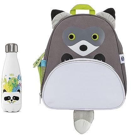 Chicco Kit Zaino Termico Procione e Borraccia Termica Panda, Pratico Kit Composto da Portapappa Termico A Forma Di Procione e Borraccia Termica In Acciaio Inox Con Panda da 350 ml, 2 Anni +