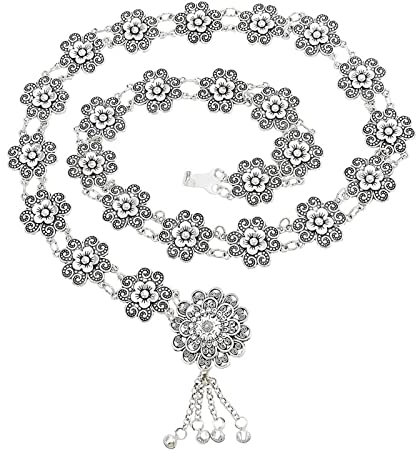 Whoiy Kettengürtel Boho, Bauchketten Set Silber Versilbert Vintage Flpwer Bauch Ketten 107Cm Sommer Körperschmuck Zubehör für Frauen