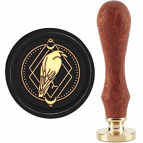 craspire Wachssiegelstempel „Krähe“, 30 mm, Abnehmbarer Messingkopf, Tier-Siegelwachsstempel, Kristallgitter, Mond, Siegelstempel Mit Holzgriff Für Umschläge, Einladungen, Karten, Erntedankfest