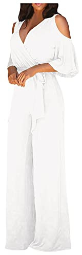 Combinaisons Et Combishorts Femme Chic Et Élégant Rompers Jumpsuit Col V Sexy Taille Haute Salopette De Travail Palazzo Uni Basic Pantalon Fluide Été Chic Overall Pants Noir Bleu Blanc S au 2XL