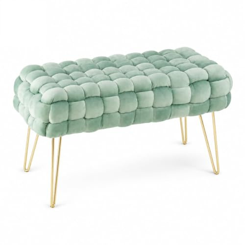 Zedelmaier Moderner Velvet Kosmetik Hocker, Quadratisch Ottoman-Fußhocker mit goldfarbenen Metallbeinen, Gepolsterte Sitzhocker,Strick Samt Hocker (Hellgrün, 70x38x41.5cm)