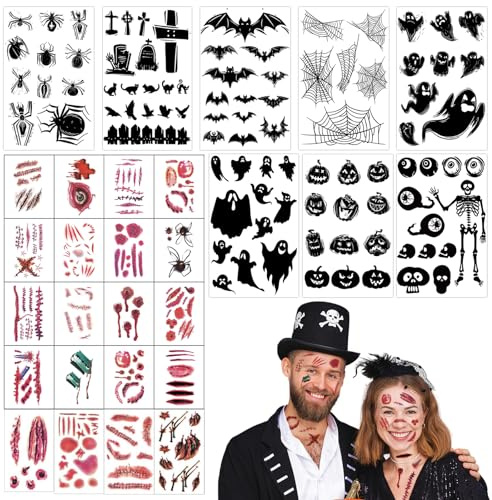 8 pcs Temporäre Tattoos, Halloween Spinnen Gespenst Fledermaus Tattoo,Realistic & Last Long Cosplay Aufkleber für Halloween Horror Night Maskerade Cosplay Thema Party Karneval Fasching Accessoires