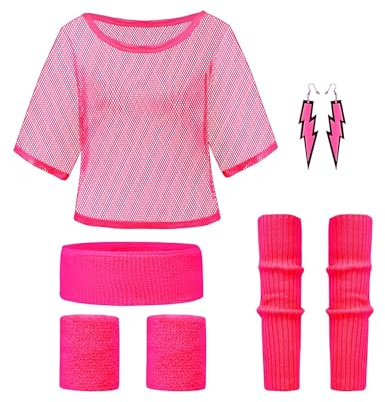 Clundoo 90er 80er Jahre Outfit Damen, Netzoberteil Neon Kostüm, 80er Jahre Netzoberteil, Schlagerparty Bad Taste Outfit für Neon Party (Rosa)