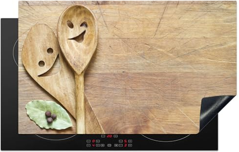 KitchenYeah© Protection Plaque Induction Protege Deco Cuisine Cache Protège | 85x52 cm - De Cuisson Accessoire Bois - Cuillères - Marron - Smiley