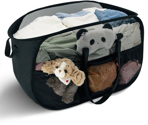 Upgraded Cationic XL Collapsible Laundry Baskets, 100L Extra Large Mesh Pop Up Hamper with Handles and bag, Portable Stair Basket, Dirty Clothes Hamper for Cruise Travel Bedroom. Black
