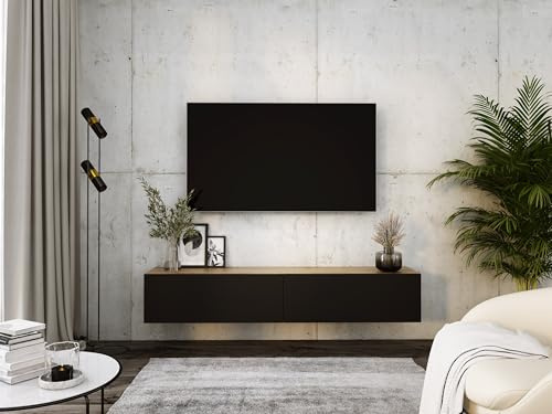 3E 3xE living.com Väggmonterad TV-bänk, modern design A: B: 2 x 100 cm, H: 34 cm, D: 32 cm, TV-mediabänk, väggmonterad TV-sideboard, wotan ek/matt svart