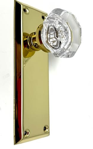 Rousso USA Abgeschrägter Glaskristall-Türknauf, hohe Rückplatte, Messing-Finish, nicht drehbar, 17,8 x 5,7 cm