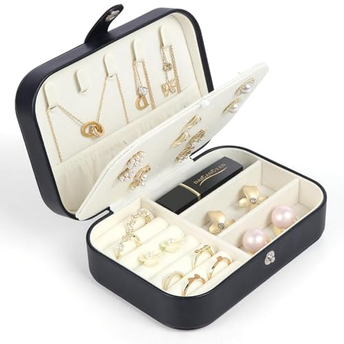 Schmuckkästchen Reise,Schmuckkasten klein,PU-Leder Schmuckaufbewahrung,Schmuckbox für Damen Mädchen,Schmuck-Reiseetui für Ringe Ohrringe Armbänder Halsketten(Schwarz-1)
