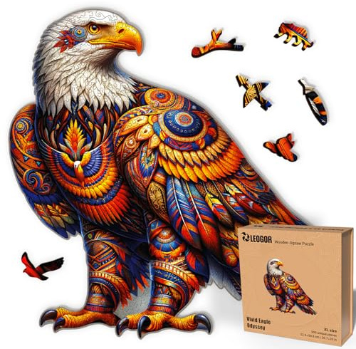 LEOGOR The Original Extra Large Wooden Puzzle pro dospělé | Vivid Eagle Odyssey - 500 kusů 52,6 cm x 50,8 cm | Vibrant Mosaic of Native Spirit Featuring Flowers and Animal Shaped Wood Jigsaws