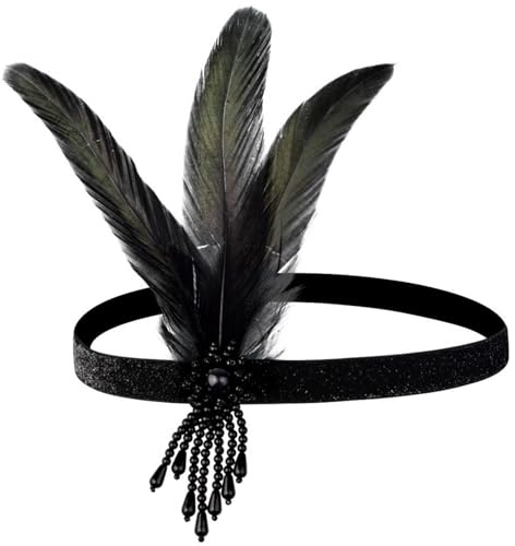 1920-talet fjäderpannband, flapper-pannband, dam Gatsby kostym accessoarer, vintage kostymtillbehör, tofs kristall fjäder pannband för bröllopsfest karneval karneval deco kostym (svart, standard)