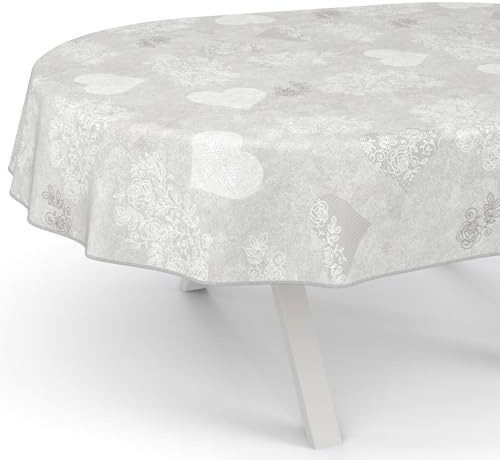 ANRO Wachstuchtischdecke Wachstischdecke Wachstuch Tischdecke abwaschbar Gartentischdecke Rund Oval Eckig Oval 180x140cm mit Saum (Eingefasst) Herz Grau