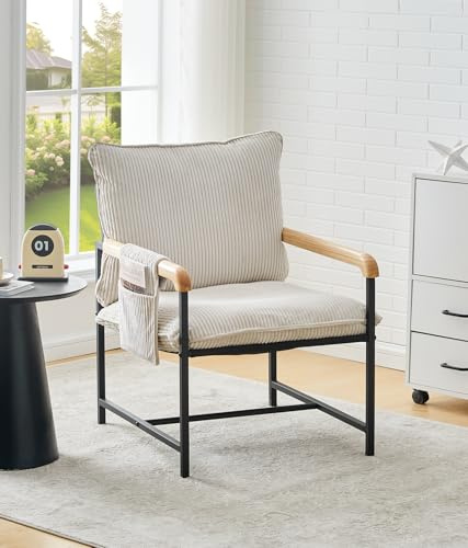 TUKAILAI Loungesessel aus Cordstoff, Polstersessel Fernsehsessel Lesesessel Ohrensessel, Modern Sessel mit Armlehnen Metallrahmen, Relaxsessel für Wohnzimmer Schlafzimmer Balkon, Creme