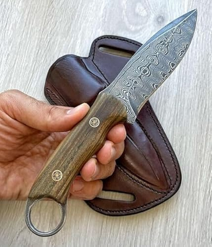 Fixed Blade Hunting Carry Messer Damascus Steel Blade Bushcraft Knife, Scout Knives with Lederscheide Rosenholz Handle Strong Grip, Tracker Knives for Hunting, Outdoor Camping Damaststahl Jagdmesser.