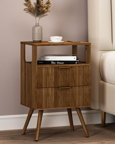 Leomonio Fluted Nightstand, Modern Night Stand with 2 Drawer and Open Shelf | Walnut Brown Bedside Table for Bedroom