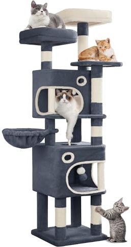 Hzuaneri 159 cm Cat Tree for Indoor Cats, Cat Tower, Multi-Level Cats Condo with 8 Scratching Posts, 3 Platforms, 2 Caves, Basket, Plush Balls, Sisal Rope, Anti-Tip Kit, Dark Grey MS15918SG