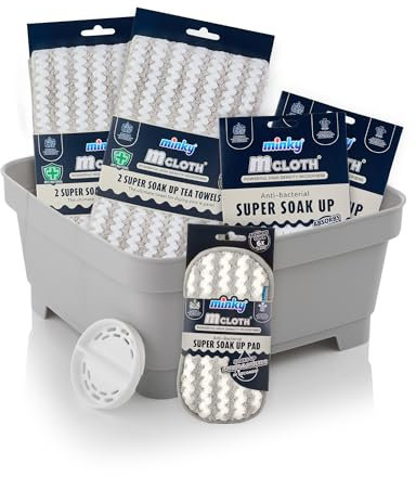 Minky Mcloth Super Soak Up Bundle, Washing Up Bowl, Super Absorbent Microfibre Cloth, Pads and Tea Towels for Kitchen, 5 Cleaning Products, Anti-bacterial Kitchen Accessories