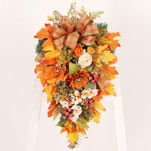 Türkranz Herbst mit Lichterkette, Herbstdeko Herbstkranz mit LED Licht Herbstkranz Haustür mit Kürbis Ahornblatt Sonnenblumen Herbstkränze WandKranz Herbst Deko Kranz für Haustür Wand