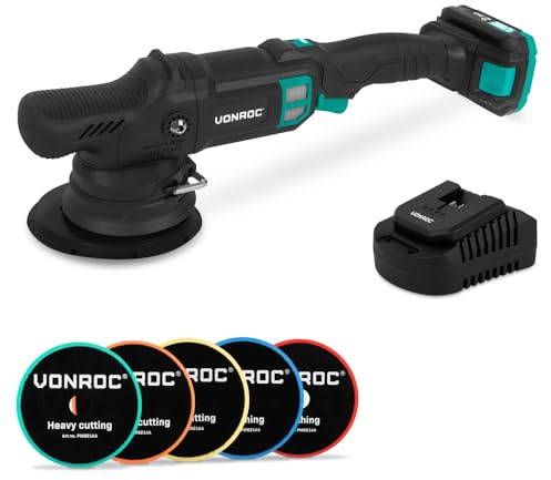 VONROC Polisseuse rotative à batterie 20 V – Batterie 2,0 Ah, chargeur rapide et lot de 5 tampons Ø150 mm, moteur sans balais, 7 vitesses, Soft Start – Pour voiture, camping-car, bateaux